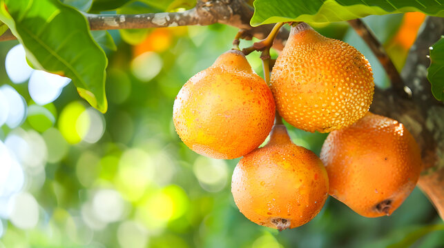 Lush green foliage surrounds a thriving sapodilla tree laden with juicy ripe orange brown fruits in a bountiful vegetable garden  The sapodilla also known as chico