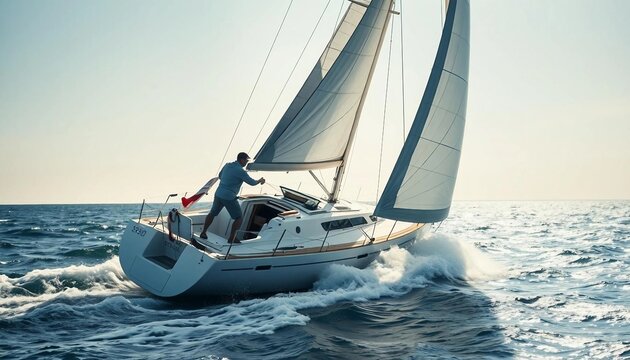 A sailboat races across the open sea in bright sunlight, with a competitive sailor adjusting the sails to harness the wind, as waves churn beneath and the wind whips through the sails.