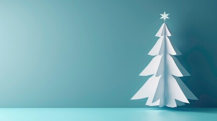 A simple white paper Christmas tree with a star on top against a blue background.