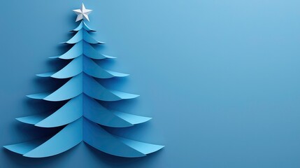 A minimalist, paper-cut Christmas tree design in shades of blue with a white star on top. The tree is positioned on the left side of the image, with plenty of negative space on the right.