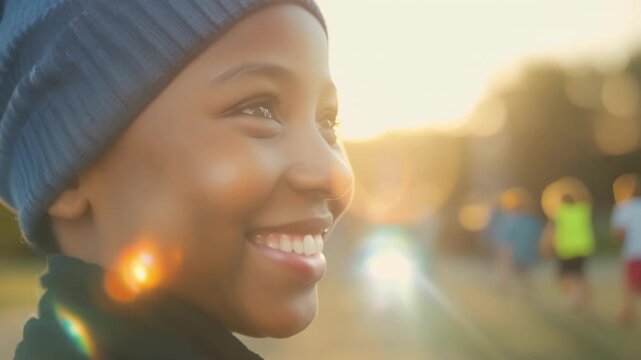 Closeup of a volunteers grateful smile as they watch a group of refugee children playing with toys they donated.