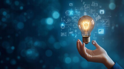 Hand holding light bulb with digital icons and network connection on blue background, representing innovation in technology for business or education. High quality, professional photography