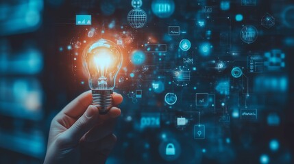 Hand holding light bulb with digital icons and network connection on blue background, representing innovation in technology for business or education. High quality, professional photography