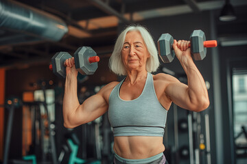 Fototapeta premium An elderly woman lifting dumbbells in a gym, showcasing strength and fitness.