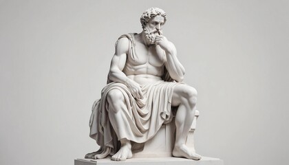 Fototapeta premium Statue of a Greek philosopher in contemplation, isolated white background, full body side view, copy space for text 