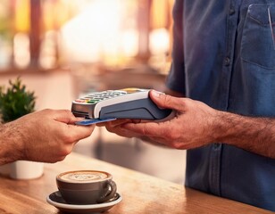 Customer using credit card for payment to owner at cafe restaurant, cashless technology and credit card payment concept. Generated image