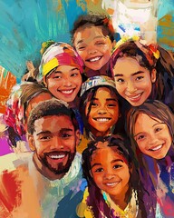 Fototapeta premium Digital painting of a multi-cultural group celebrating literacy International Literacy Day