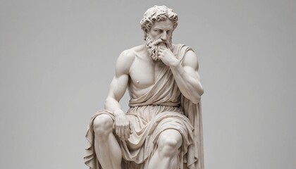 Fototapeta premium Statue of a Greek philosopher in contemplation, isolated white background, full body side view, copy space for text 
