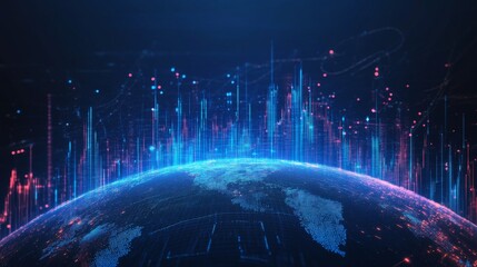 digital stock market graph background with blue color, financial and business concept for global creature or world wallpaper design template. digital stock chart of candlestick on globe in the style 