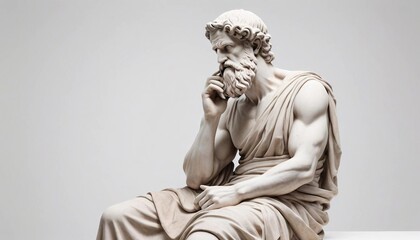 Statue of a Greek philosopher in contemplation, isolated white background, full body side view, copy space for text
