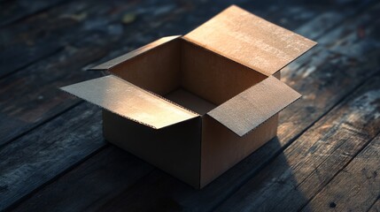 Open cardboard box on rustic wooden table, perfect for product presentation.