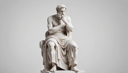Statue of a Greek philosopher in contemplation, isolated white background, full body side view, copy space for text

