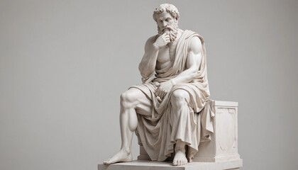 Statue of a Greek philosopher in contemplation, isolated white background, full body side view, copy space for text

