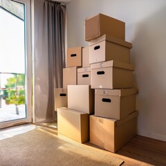 Stack of cardboard moving boxes in a vacant room
