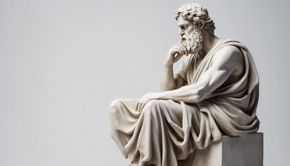 Statue of a Greek philosopher in contemplation, isolated white background, full body side view, copy space for text
