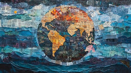 Obraz premium Mixed media collage of words forming a globe, International Literacy Day