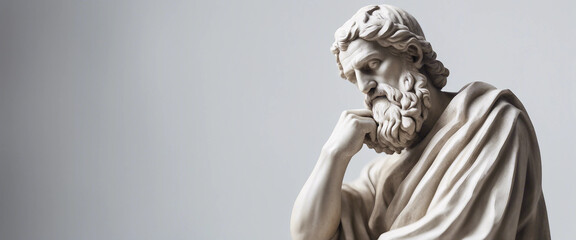 Statue of a Greek philosopher in contemplation, isolated white background, full body side view, copy space for text
