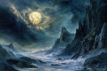 Mystical moonlit cliffs overlooking a frozen sea