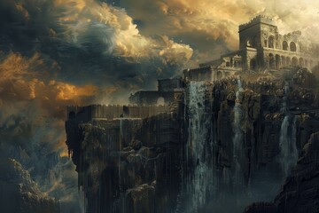 Fototapeta premium Ancient castle ruins on a stormy cliff with waterfalls