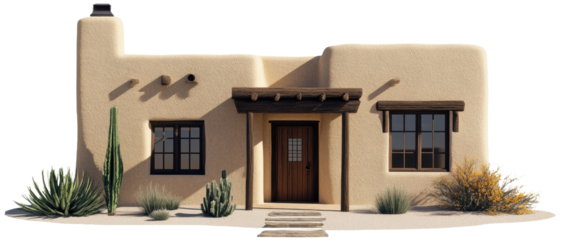 Adobe house with desert plants in sunlight, cut out - stock png.