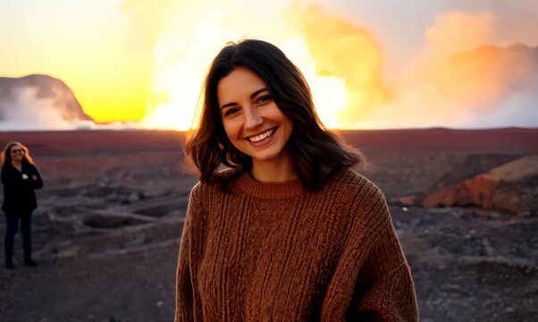 Group portrait video of a grinning woman in her 20s that is wearing a cozy sweater at the Darvaza Gas Crater in Derweze Turkmenistan
