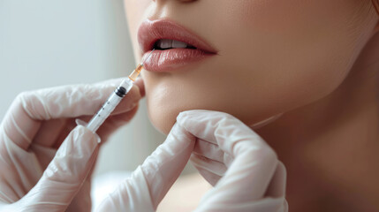 Woman receiving beauty injections for chin shape correction, beautician holding syringe near her chin, closeup view