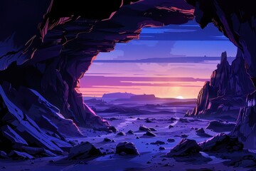 Rocky outcropping frames view of canyon landscape at sunset