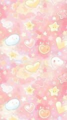 A delightful pastel background filled with cute characters, hearts, and stars in soft shades