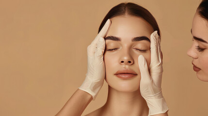 Young woman with closed eyes, being examined by a cosmetologist, on a beige background, symbolizing facial care