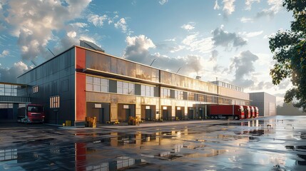 Obraz premium A large industrial building with multiple loading bays, with three trucks parked in front of it. The sky is cloudy and the ground is wet from recent rain.