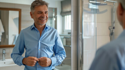Excited middle-aged businessman buttoning up a blue shirt in front of the bathroom mirror, preparing for work
