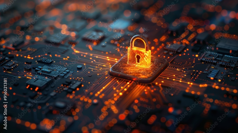 Aufkleber glowing padlock on a circuit board representing digital security