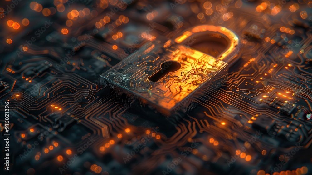 Aufkleber Close-up of a Golden Padlock on a Circuit Board with Glowing Lights
