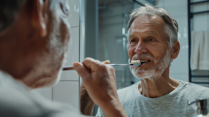 European man brushing teeth in the bathroom mirror, focusing on morning hygiene, middle-aged