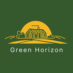 Naklejka premium A minimalist green logo design with sunset and house outline gold against a green background. Green Horizon logo for eco-friendly brands, real estate, or agricultural businesses.