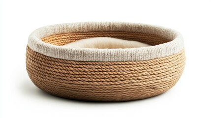 Handcrafted basket made from natural fibers, lined with cashmere, isolated on white background, highlighting texture and detail