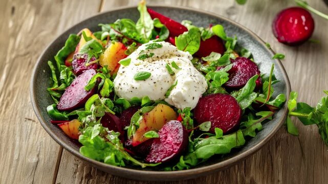 Zooming in on a Delicious Roasted Beet and Burrata Salad on a Wooden Table