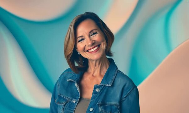 Medium shot portrait video of a satisfied Russian woman in her 40s wearing a denim jacket against an abstract background 
