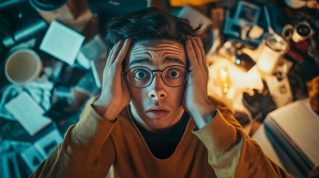 portrait of crazy man with many things
