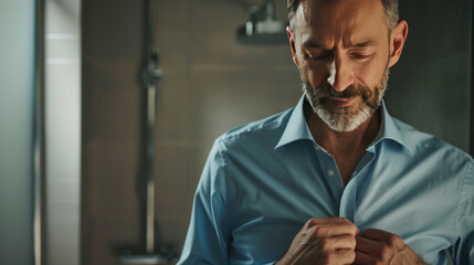 Obraz premium Close-up of a middle-aged man buttoning a blue shirt in the bathroom, getting ready for a workday, looking excited