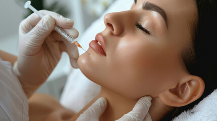 Chin contouring procedure, beautician holding syringe near woman's chin, focusing on beauty and shape correction