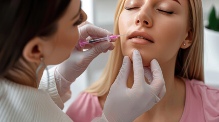 Chin contouring procedure, beautician holding syringe near woman's chin, focusing on beauty and shape correction