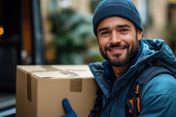 Close-Up of Smiling Male Moving Company Worker in Blue Uniform Carrying Cardboard Box with New Home Appliances During Unloading at Front Door – Professional Relocation Service