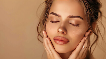 Beautiful young woman with closed eyes, face touched by a cosmetologist, over a beige background, skincare focus