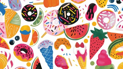 A vibrant display of desserts and fruits, showcasing ice cream cones, donuts, and summer favorites in playful designs
