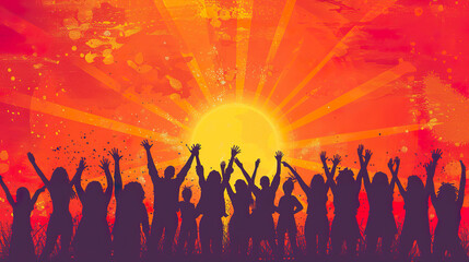 Fototapeta premium Silhouettes of People Celebrating in Front of a Sunset.