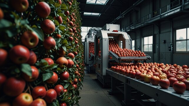 Automated process of harvesting red apples in a super modern farm with the help of agricultural robotic machines