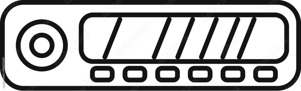 Poster car audio system with display showing radio frequency and buttons for controlling music and volume