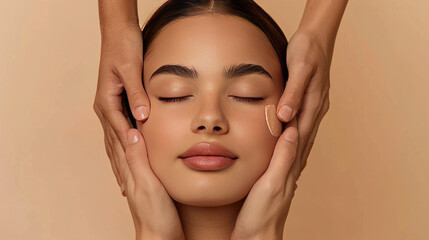 Beautiful young woman with closed eyes being touched by a cosmetologist, beige background, focusing on facial skincare