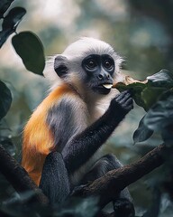 Obraz premium an orange, white and gray colobus monkey sitting on a tree branch, eating leaves, in the forest, cinematic photo, moody lighting.